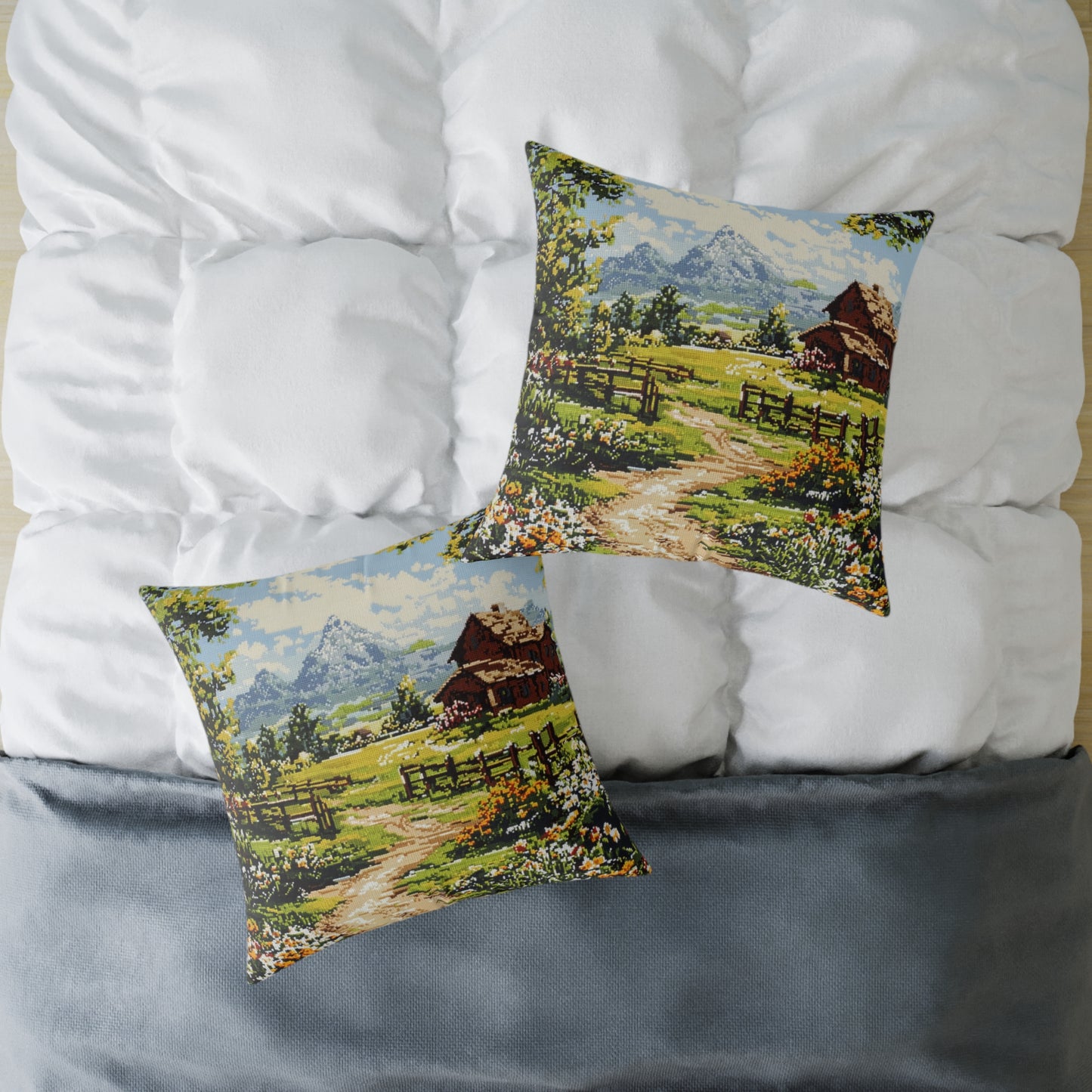 Countryside Nature 2 (Cross-Stitch Effect) - Square Poly Canvas Pillow - UK