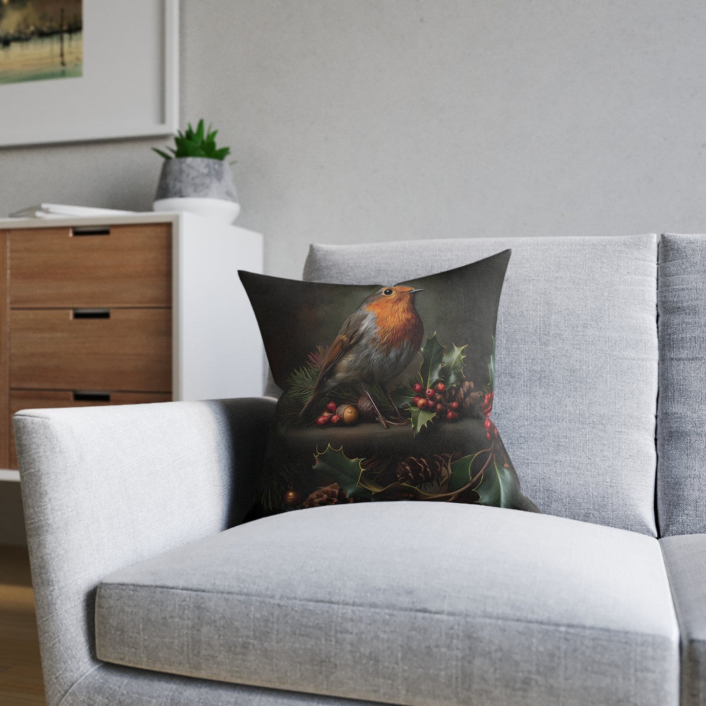 Cute Robin Sitting On Cones and Holly - Square Pillow -UK