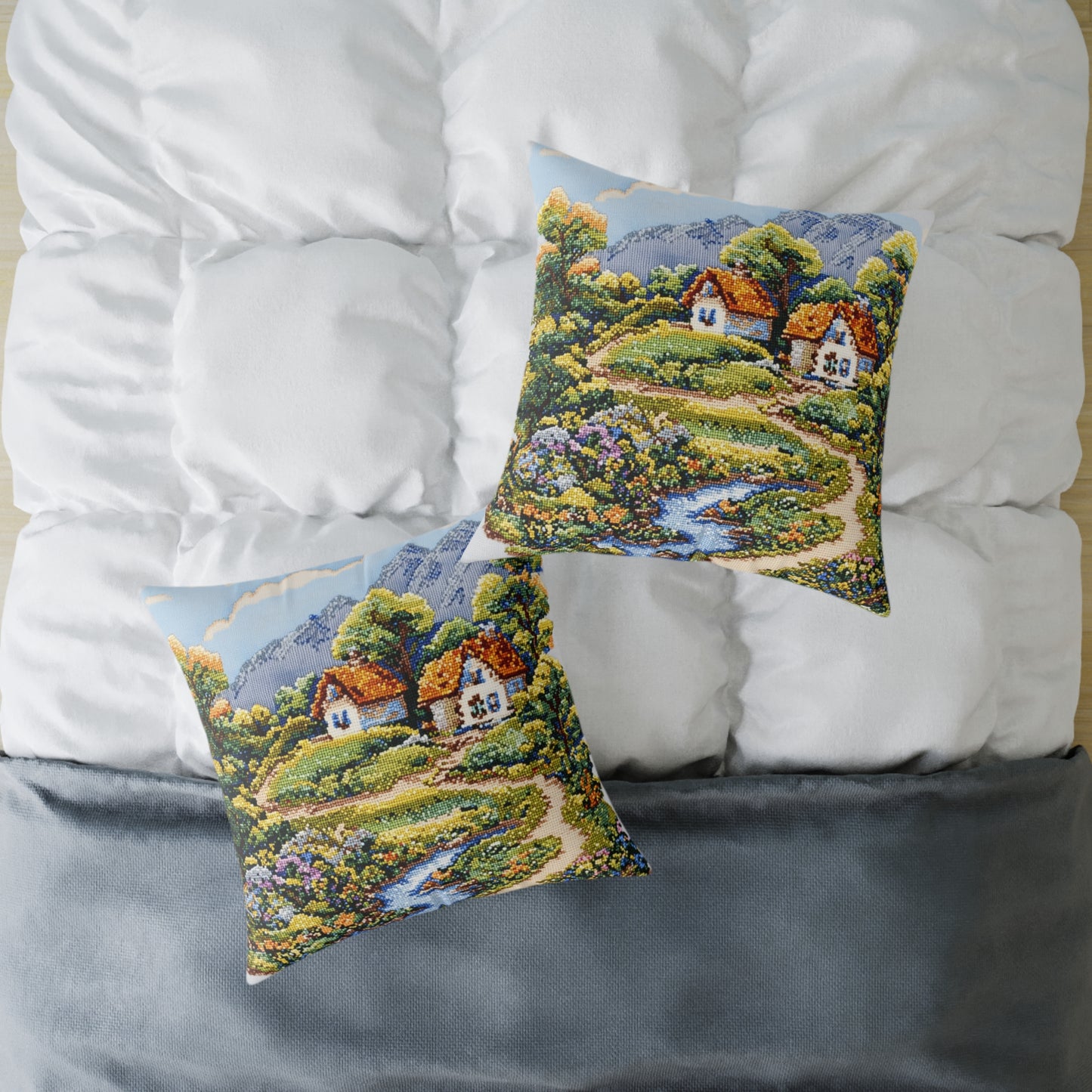 Countryside Nature (Cross-Stitch Effect) - Square Poly Canvas Pillow - UK