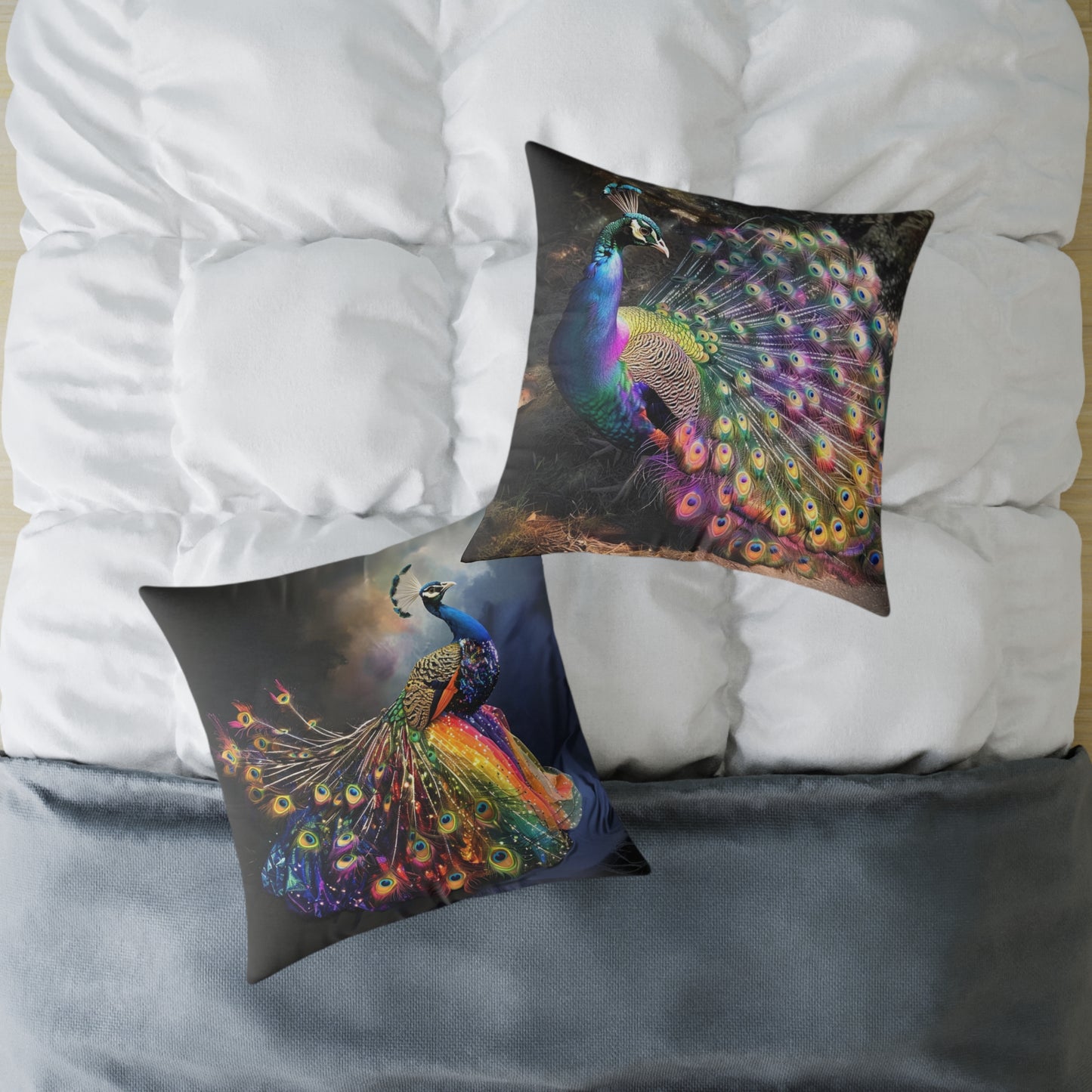 Rainbow Peacock 1 - Square Poly Canvas Pillow - UK
