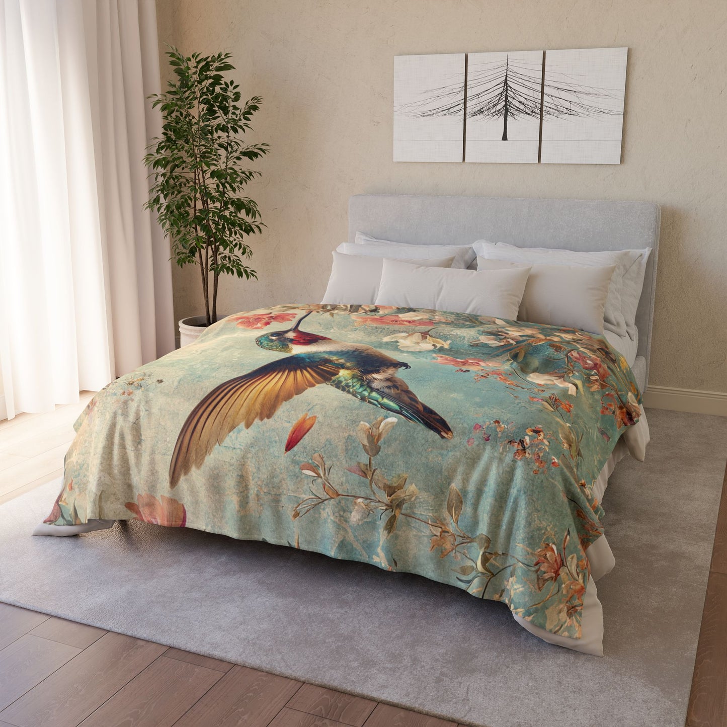Elegant Hummingbird Soft Polyester Blanket - Cozy Floral Throw for Home Decoration UK
