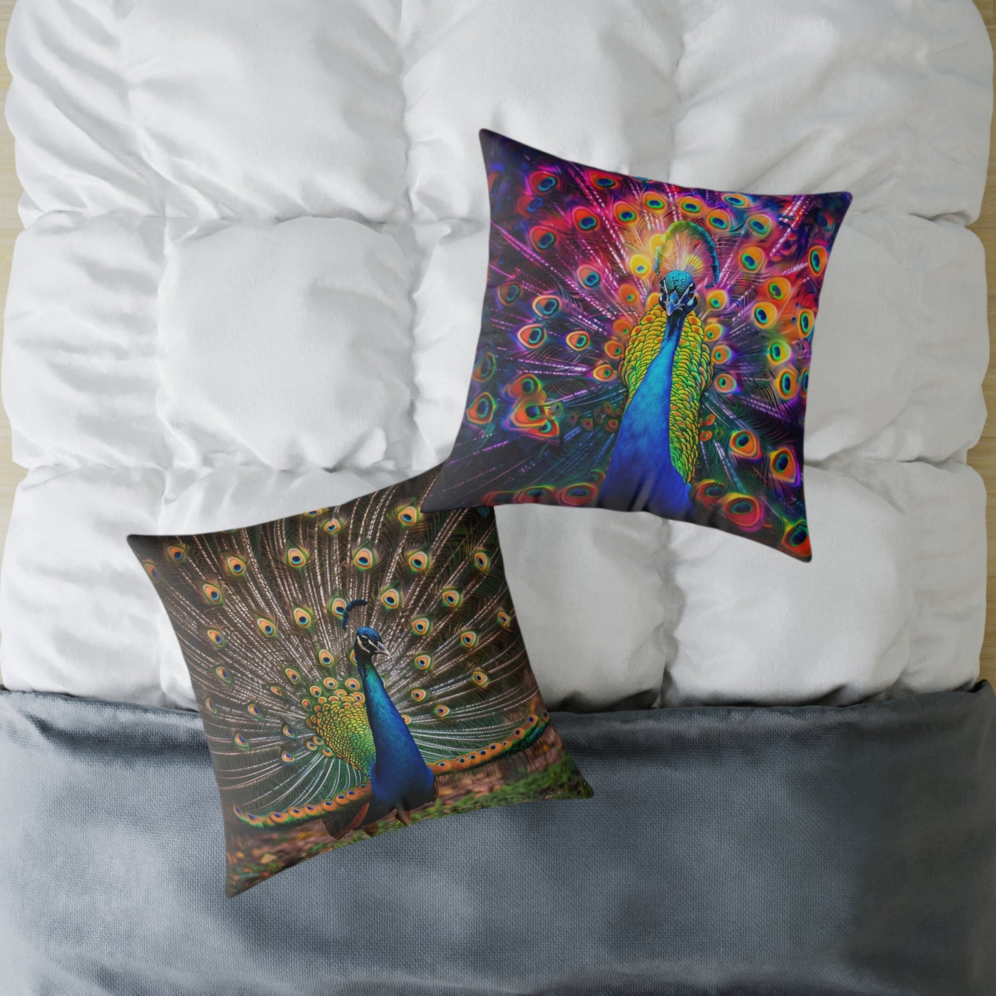Rainbow Peacock 2 - Square Poly Canvas Pillow - UK