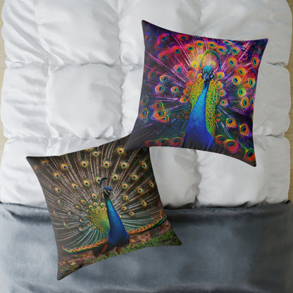 Rainbow Peacock 2 - Square Poly Canvas Pillow - UK