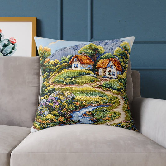 Countryside Nature (Cross-Stitch Effect) - Square Poly Canvas Pillow - UK