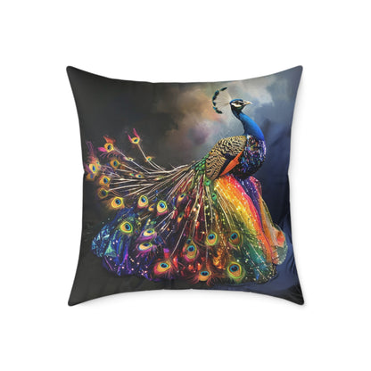 Rainbow Peacock 1 - Square Poly Canvas Pillow - UK