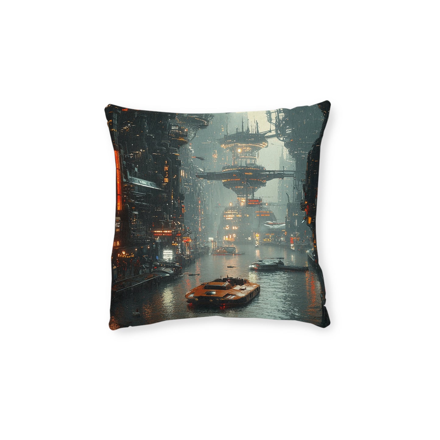 Futuristic Cityscape Square Pillow - Cyberpunk Cityscape Design - UK