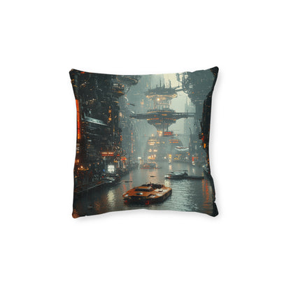Futuristic Cityscape Square Pillow - Cyberpunk Cityscape Design - UK