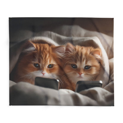 Cute Kittens in Bed With Mobile Phones - Arctic Fleece Blanket - UK