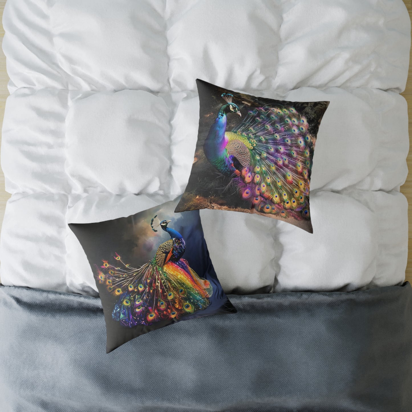 Rainbow Peacock 1 - Square Poly Canvas Pillow - UK