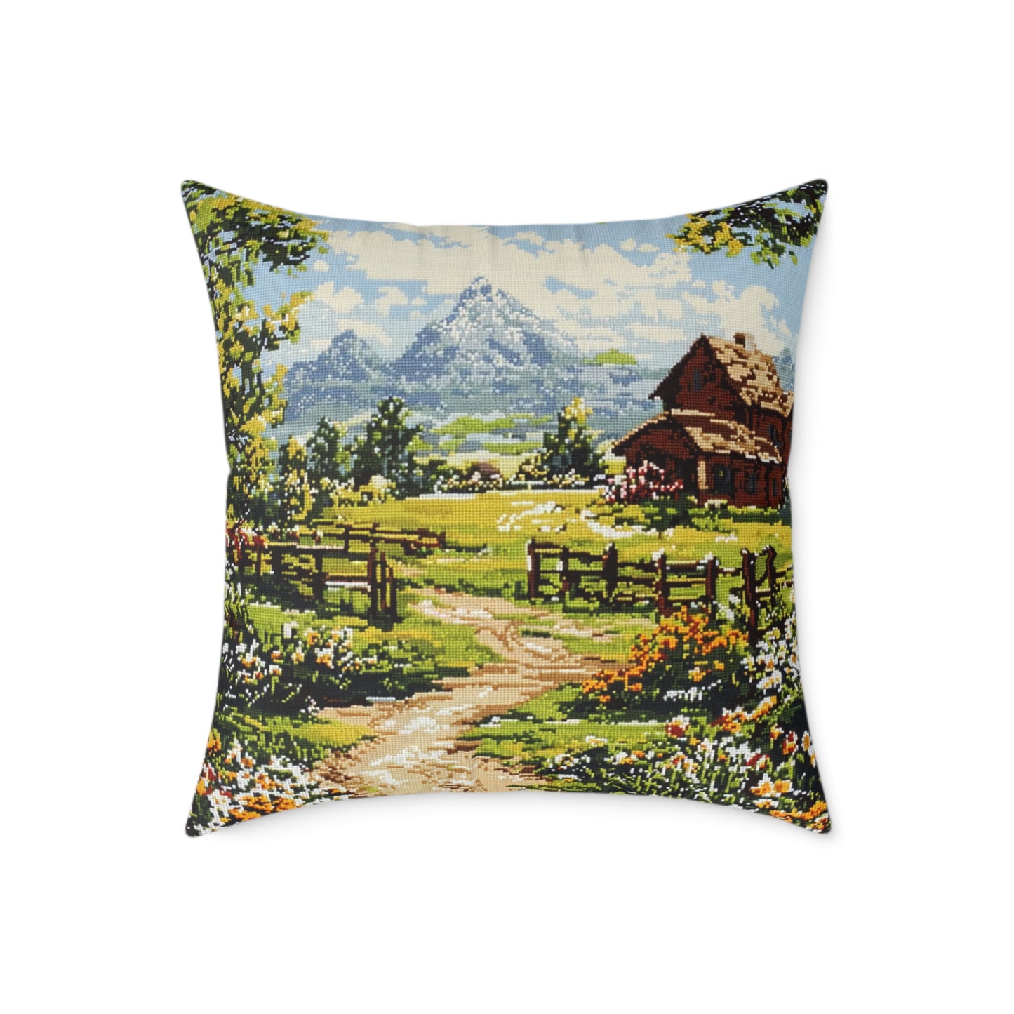 Countryside Nature 2 (Cross-Stitch Effect) - Square Poly Canvas Pillow - UK