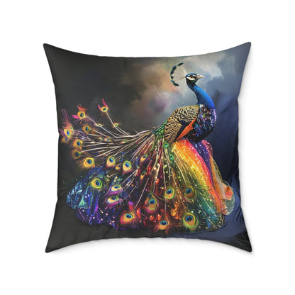 Rainbow Peacock 1 - Square Poly Canvas Pillow - UK