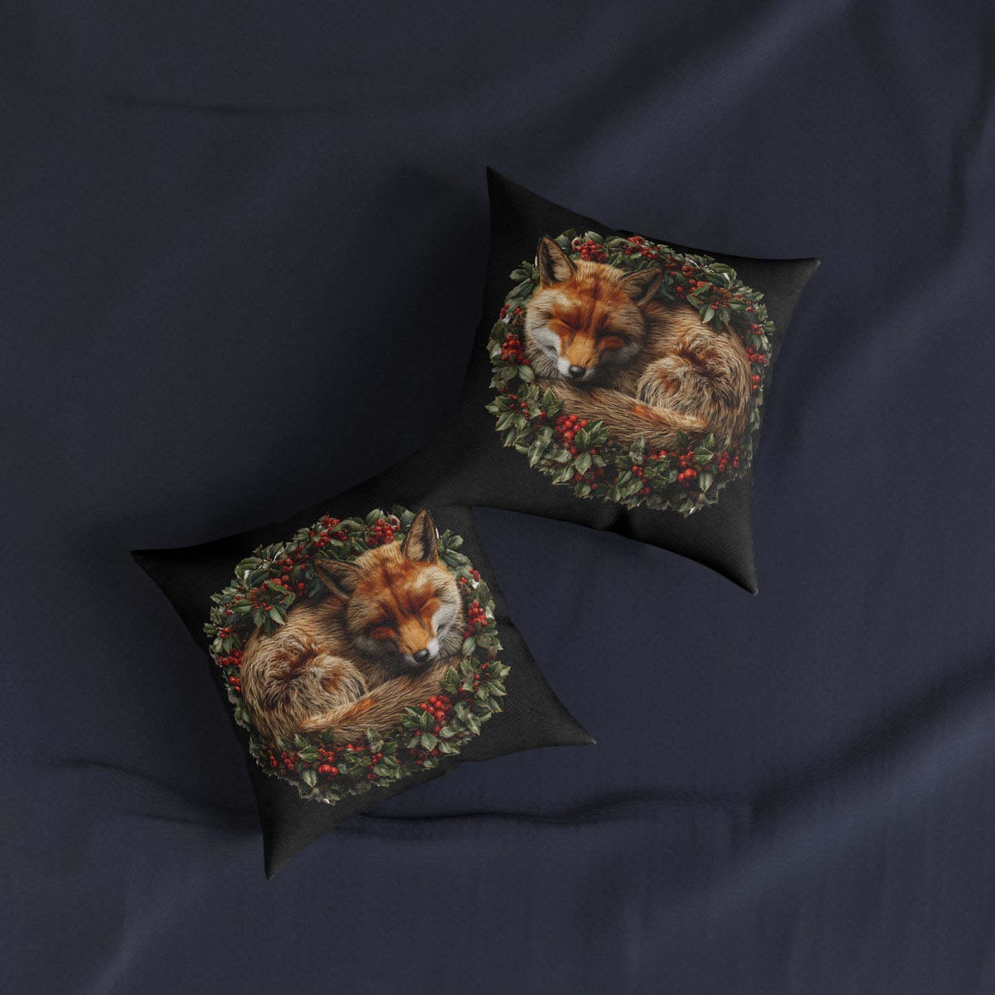 A Christmas Fox Laying in a Holly Wreath