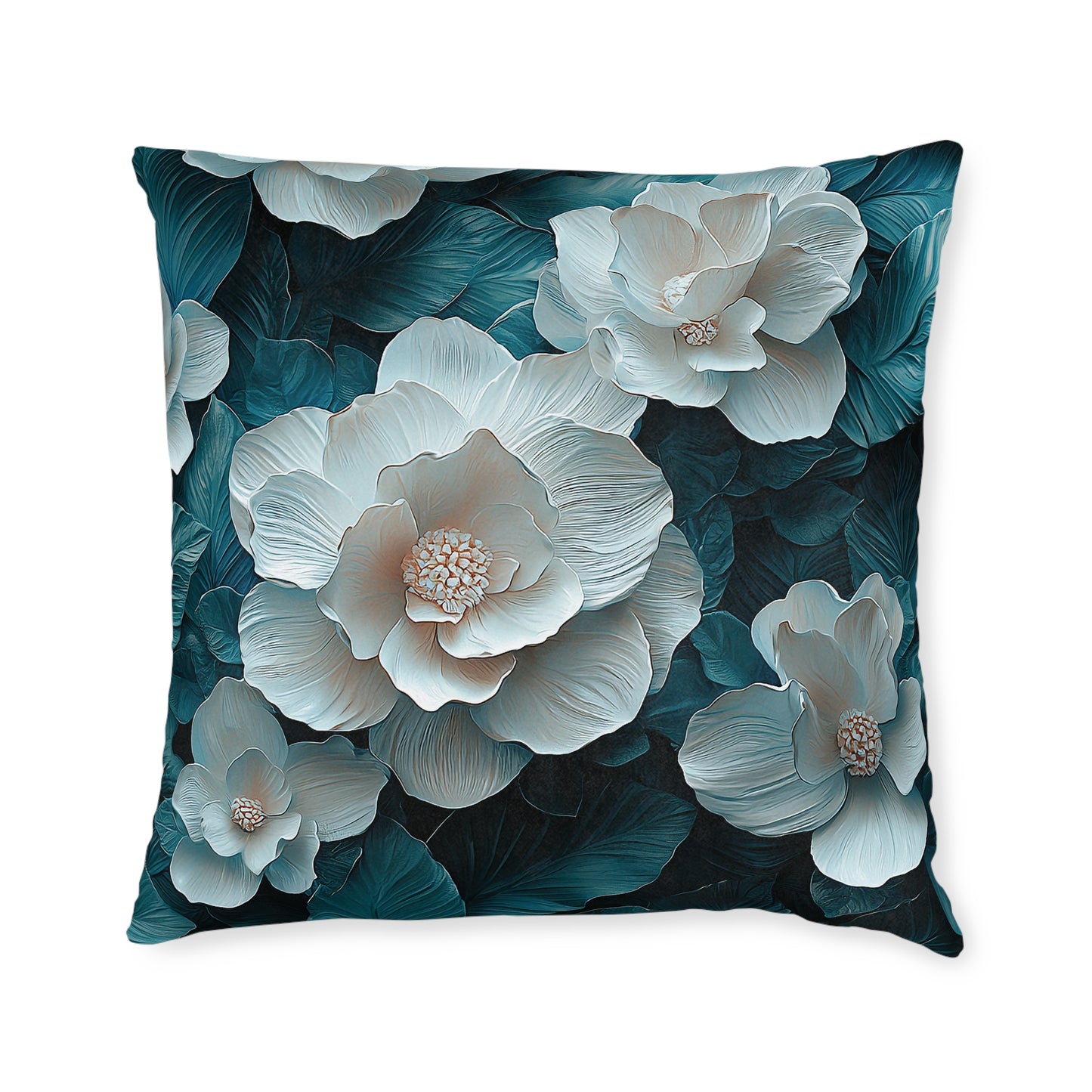 Elegant  White Winter Flower On Dark Teal Leaf - Cushion UK