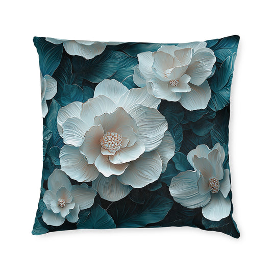 Elegant  White Winter Flower On Dark Teal Leaf - Cushion UK