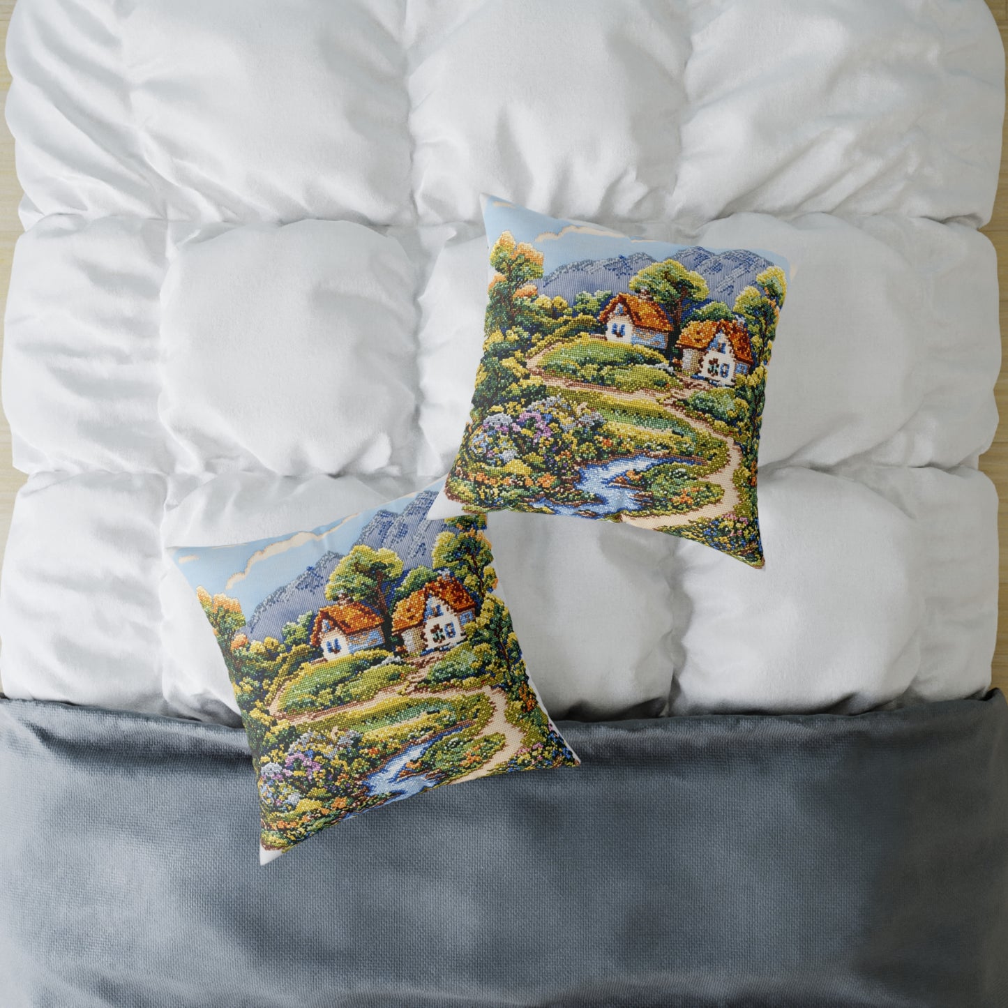 Countryside Nature (Cross-Stitch Effect) - Square Poly Canvas Pillow - UK