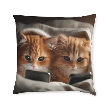 Cute Kittens in Bed With Mobile Phones - Square Pillow - UK