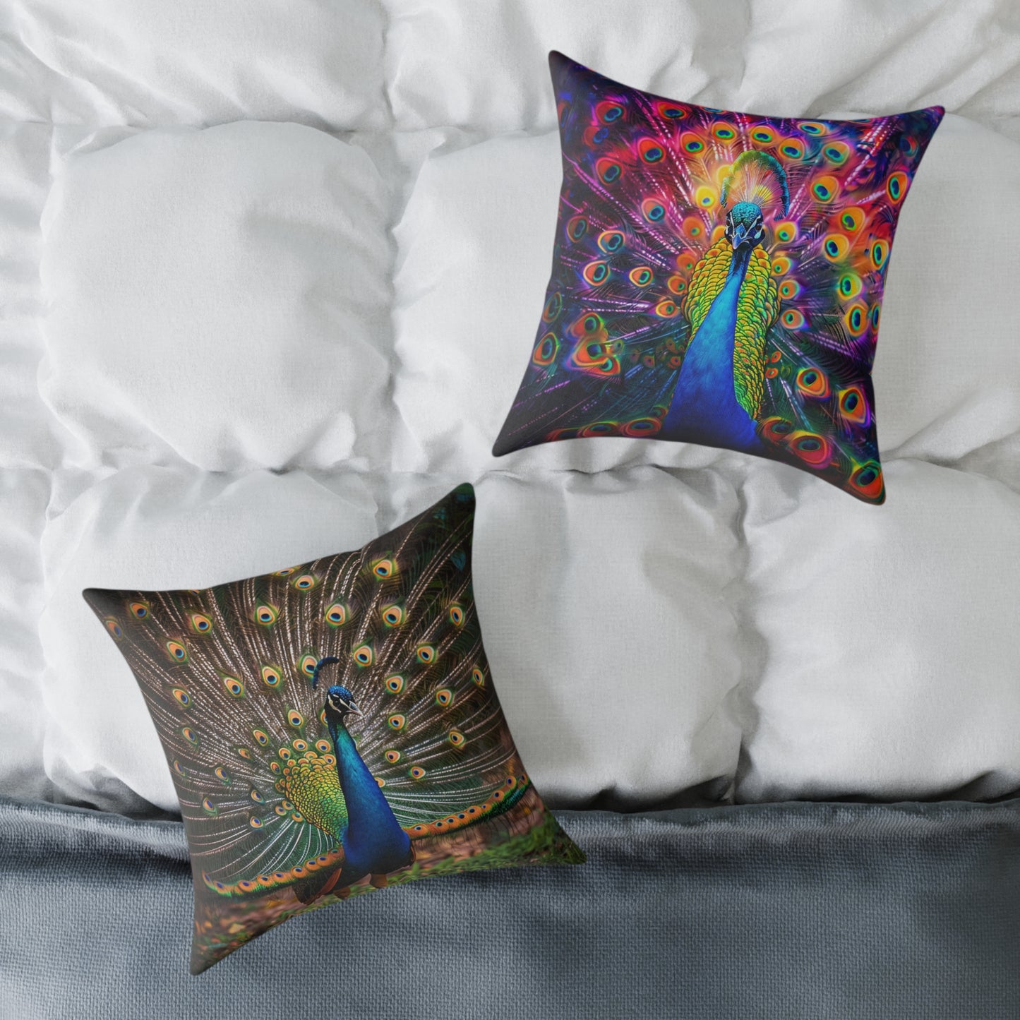 Rainbow Peacock 2 - Square Poly Canvas Pillow - UK