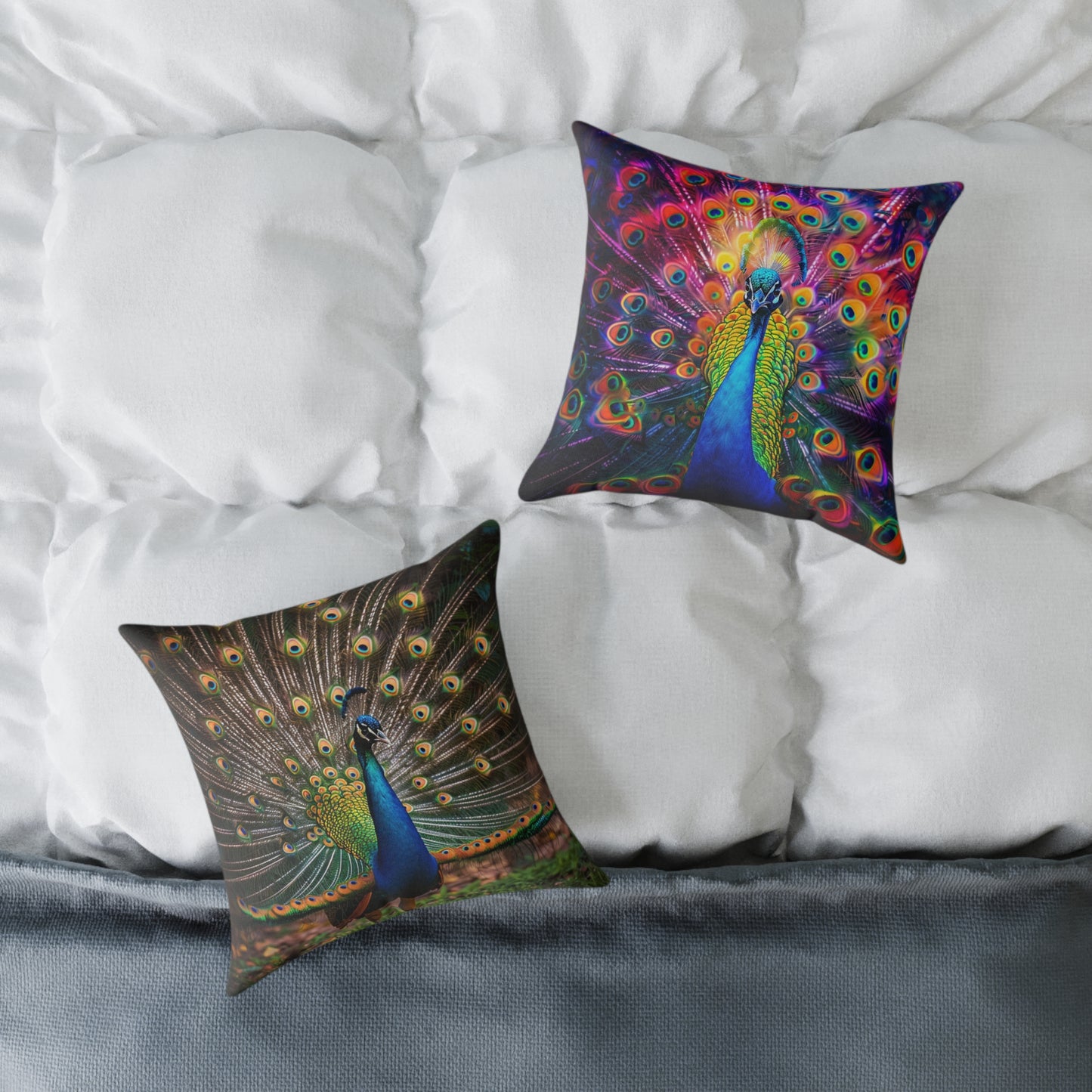 Rainbow Peacock 2 - Square Poly Canvas Pillow - UK