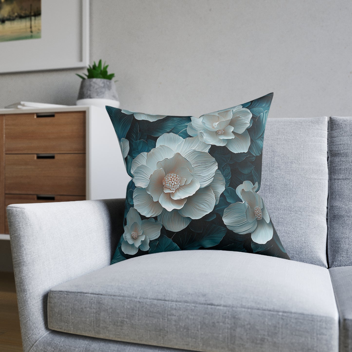 Elegant  White Winter Flower On Dark Teal Leaf - Cushion UK