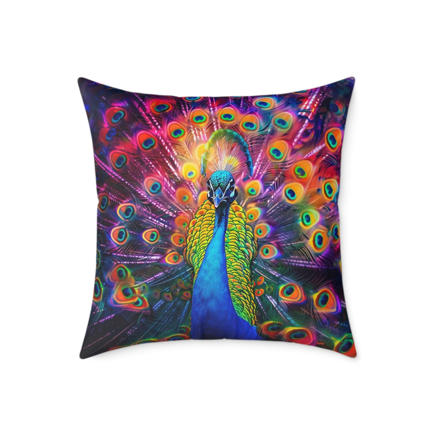 Rainbow Peacock 2 - Square Poly Canvas Pillow - UK
