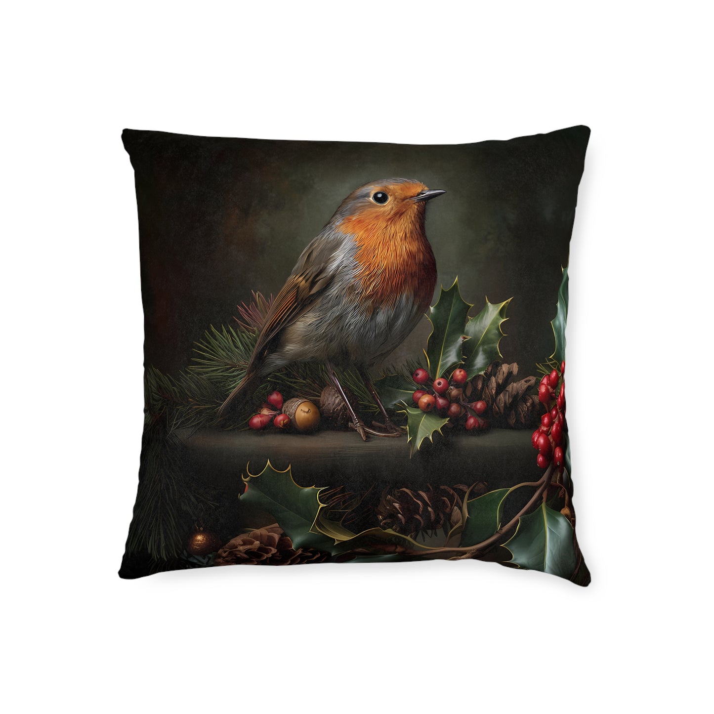 Cute Robin Sitting On Cones and Holly - Square Pillow -UK