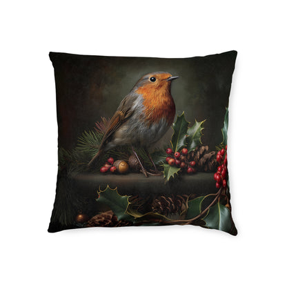 Cute Robin Sitting On Cones and Holly - Square Pillow -UK