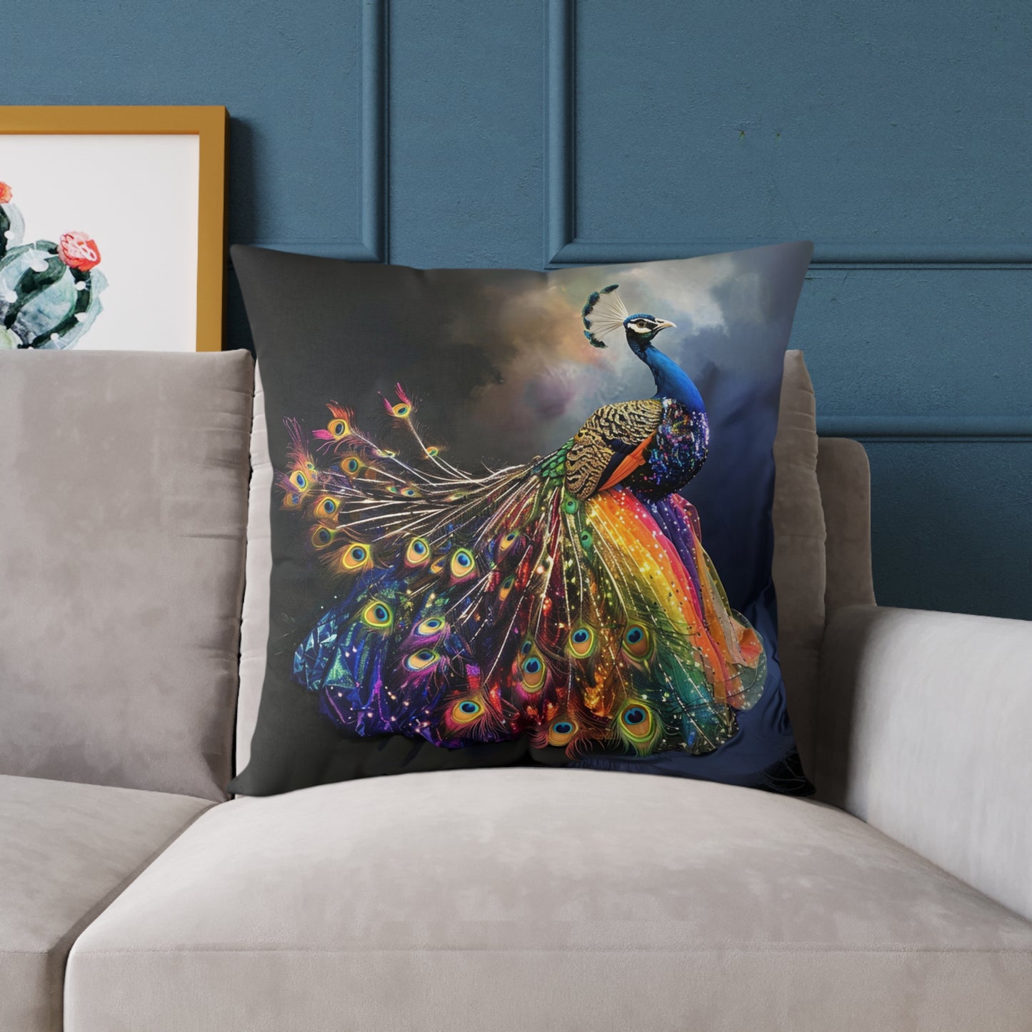 Rainbow Peacock 1 - Square Poly Canvas Pillow - UK