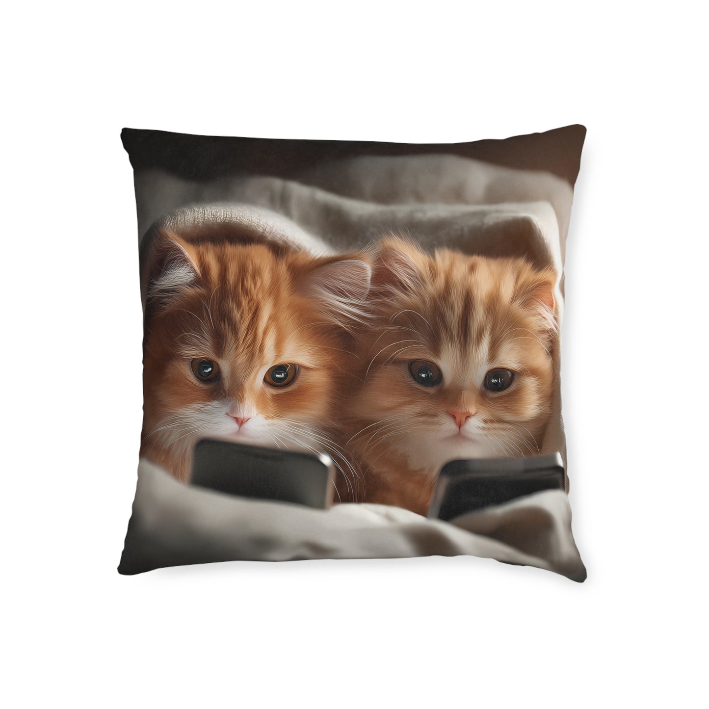 Cute Kittens in Bed With Mobile Phones - Square Pillow - UK