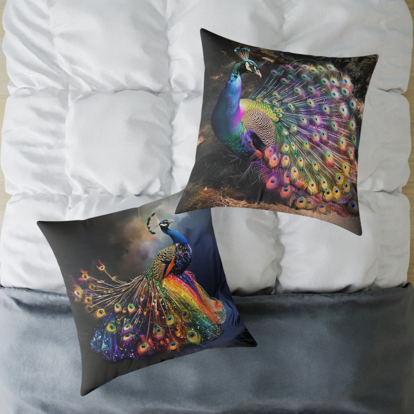 Rainbow Peacock 1 - Square Poly Canvas Pillow - UK