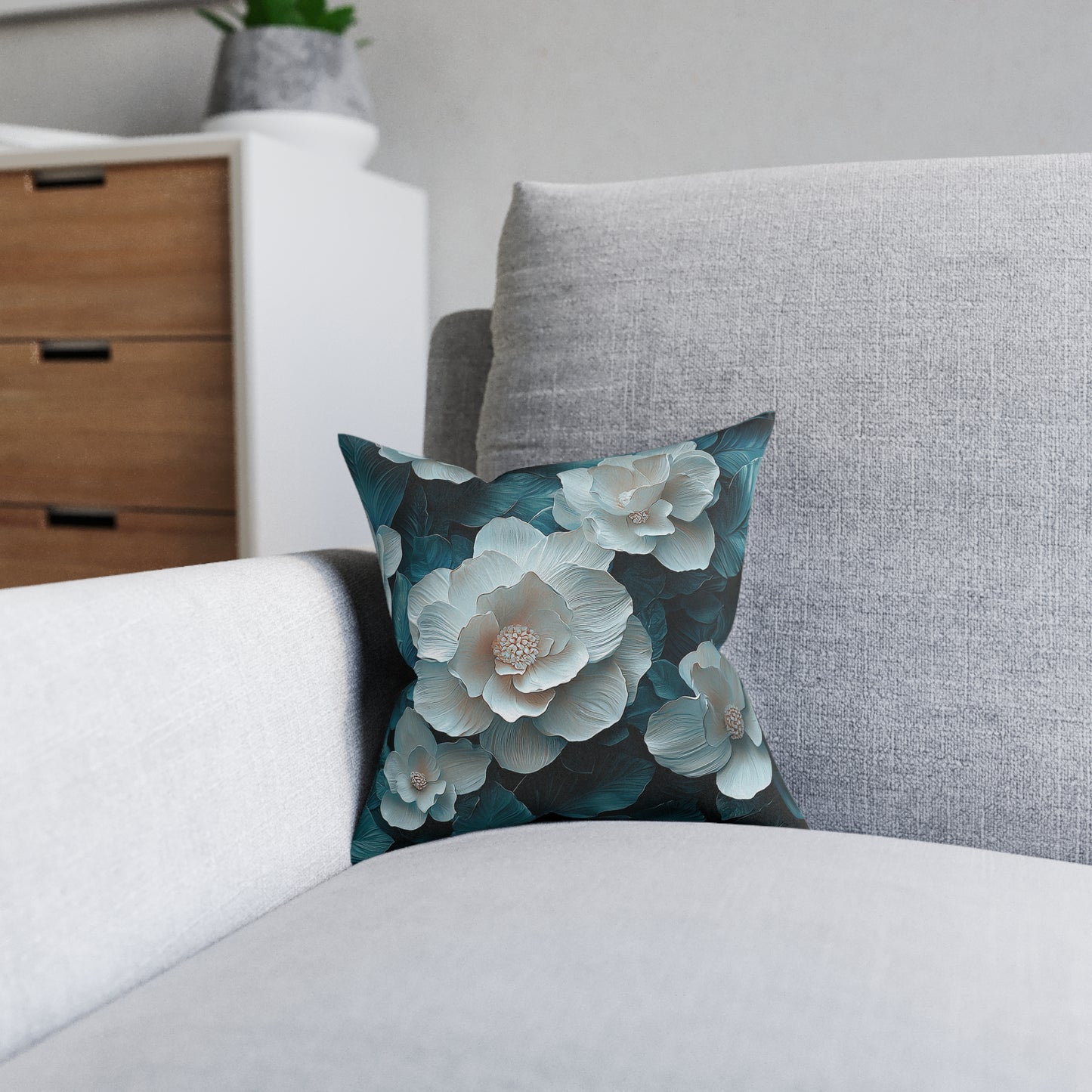 Elegant  White Winter Flower On Dark Teal Leaf - Cushion UK