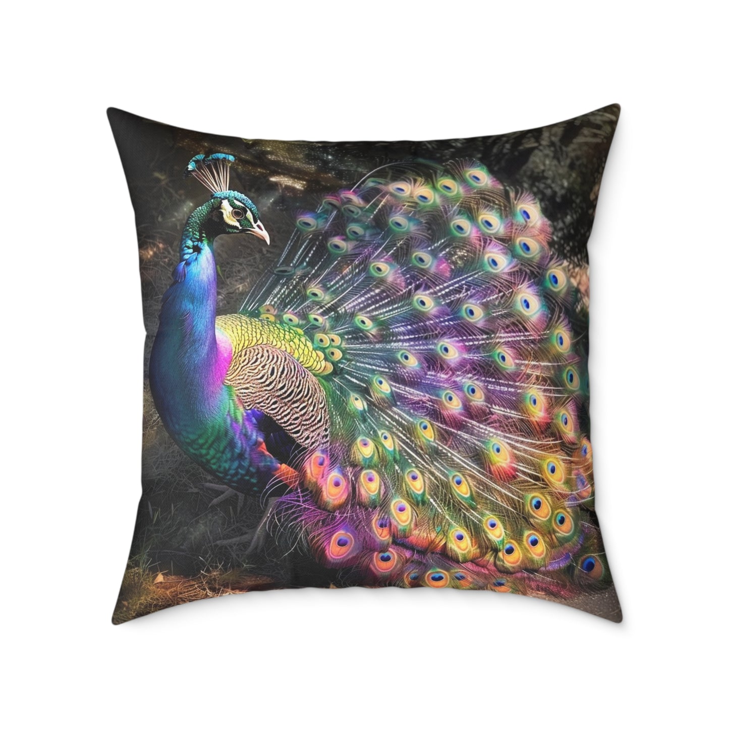 Rainbow Peacock 1 - Square Poly Canvas Pillow - UK