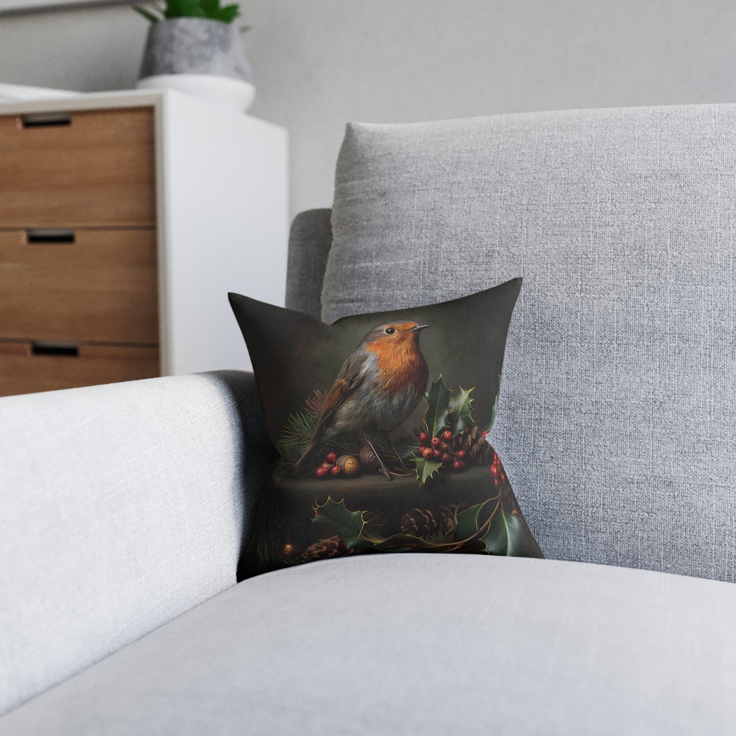 Cute Robin Sitting On Cones and Holly - Square Pillow -UK