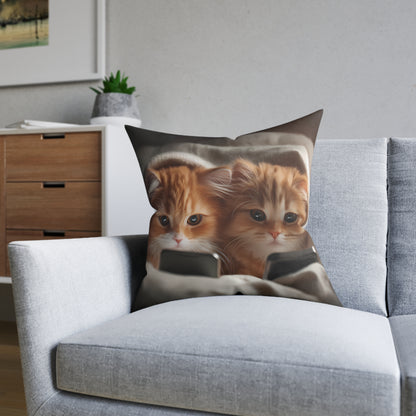 Cute Kittens in Bed With Mobile Phones - Square Pillow - UK