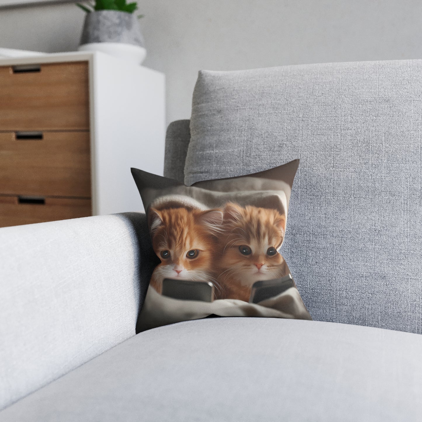 Cute Kittens in Bed With Mobile Phones - Square Pillow - UK