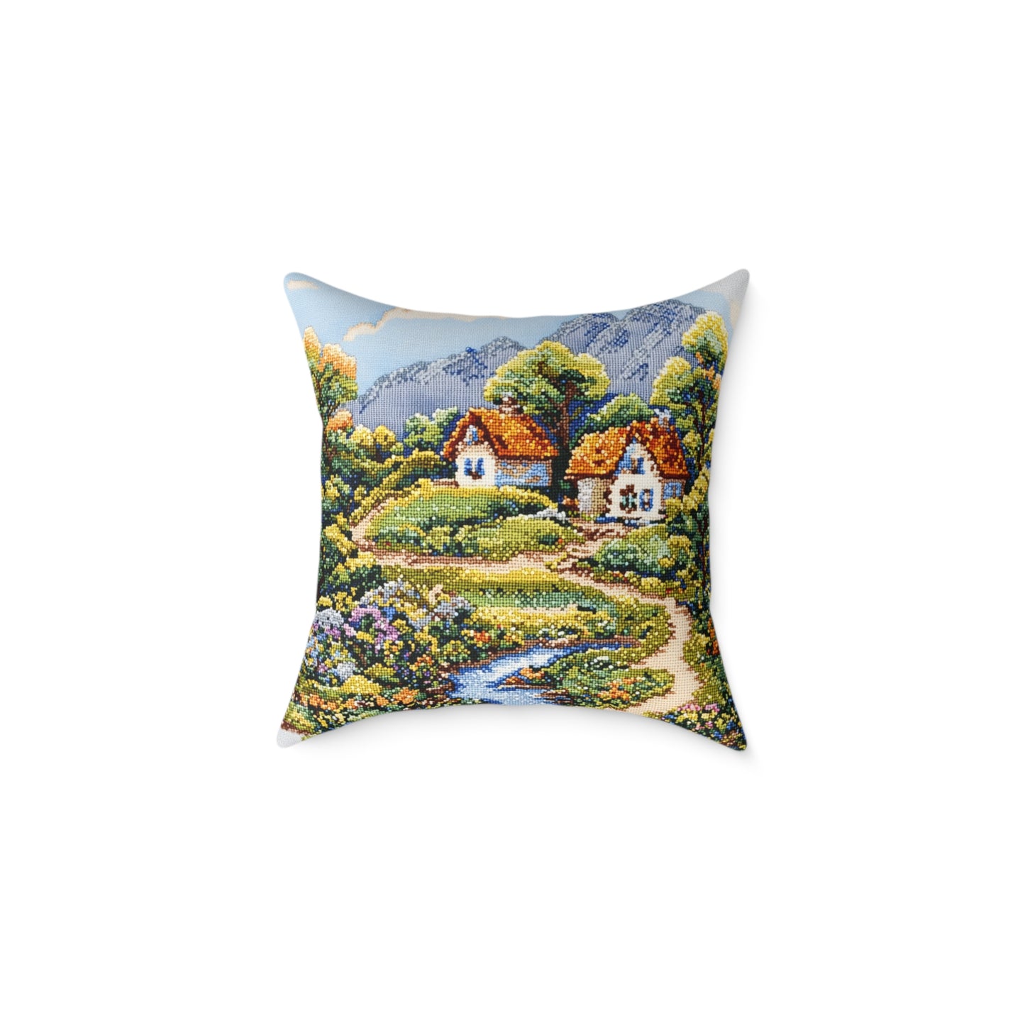 Countryside Nature (Cross-Stitch Effect) - Square Poly Canvas Pillow - UK
