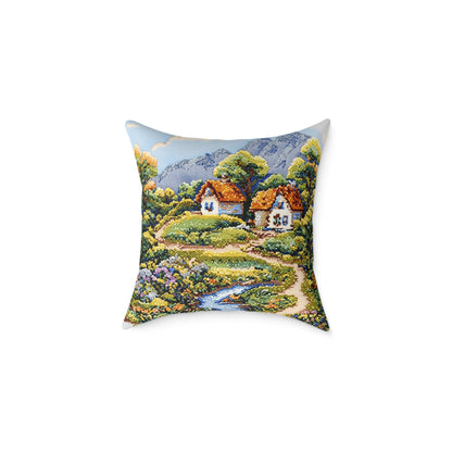 Countryside Nature (Cross-Stitch Effect) - Square Poly Canvas Pillow - UK