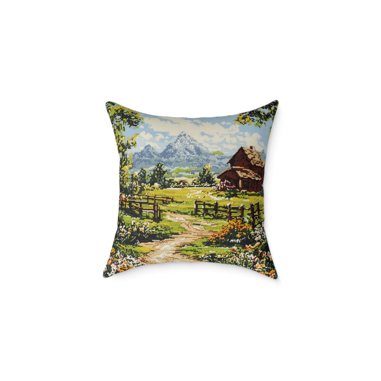 Countryside Nature 2 (Cross-Stitch Effect) - Square Poly Canvas Pillow - UK
