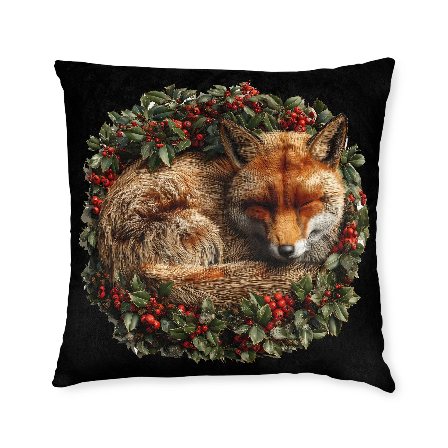 A Christmas Fox Laying in a Holly Wreath