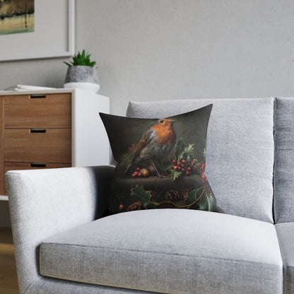 Cute Robin Sitting On Cones and Holly - Square Pillow -UK
