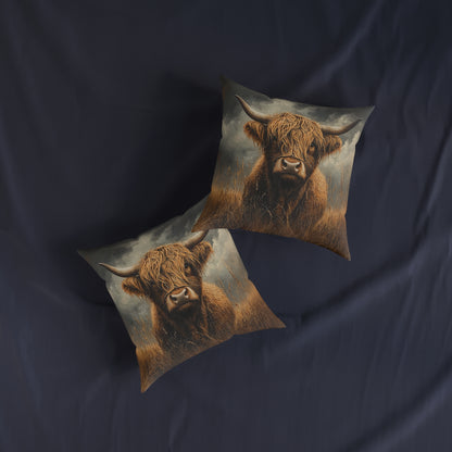 Rustic Highland Cow Square Country Cushion - Cosy Farmhouse Decor UK
