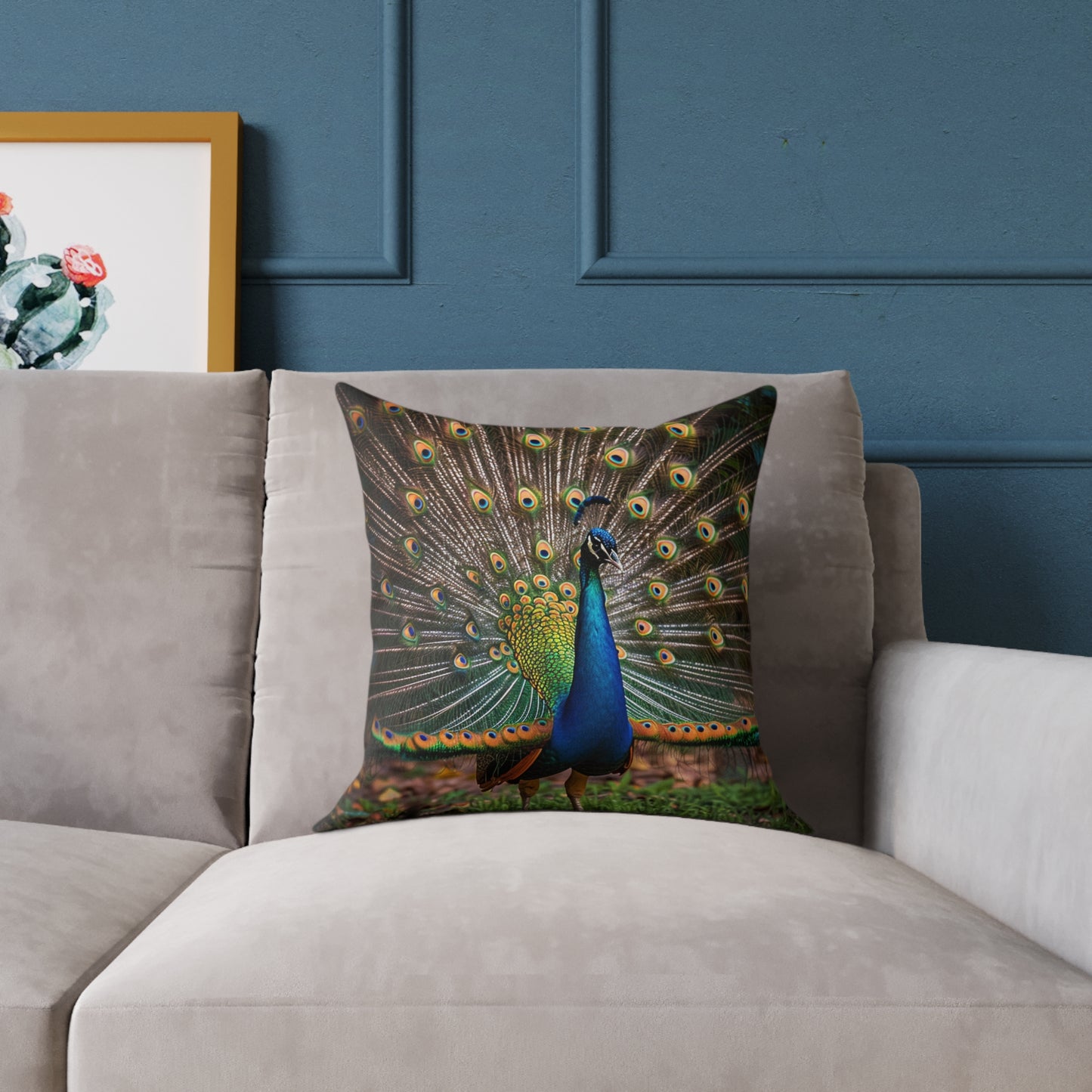 Rainbow Peacock 2 - Square Poly Canvas Pillow - UK