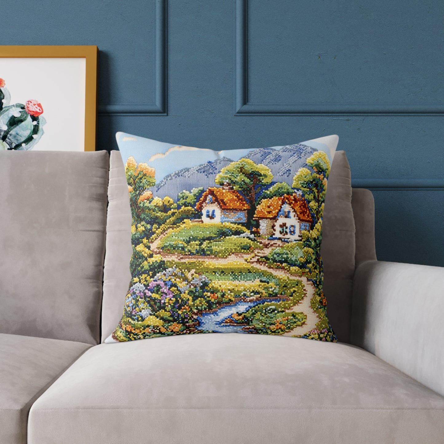Countryside Nature (Cross-Stitch Effect) - Square Poly Canvas Pillow - UK