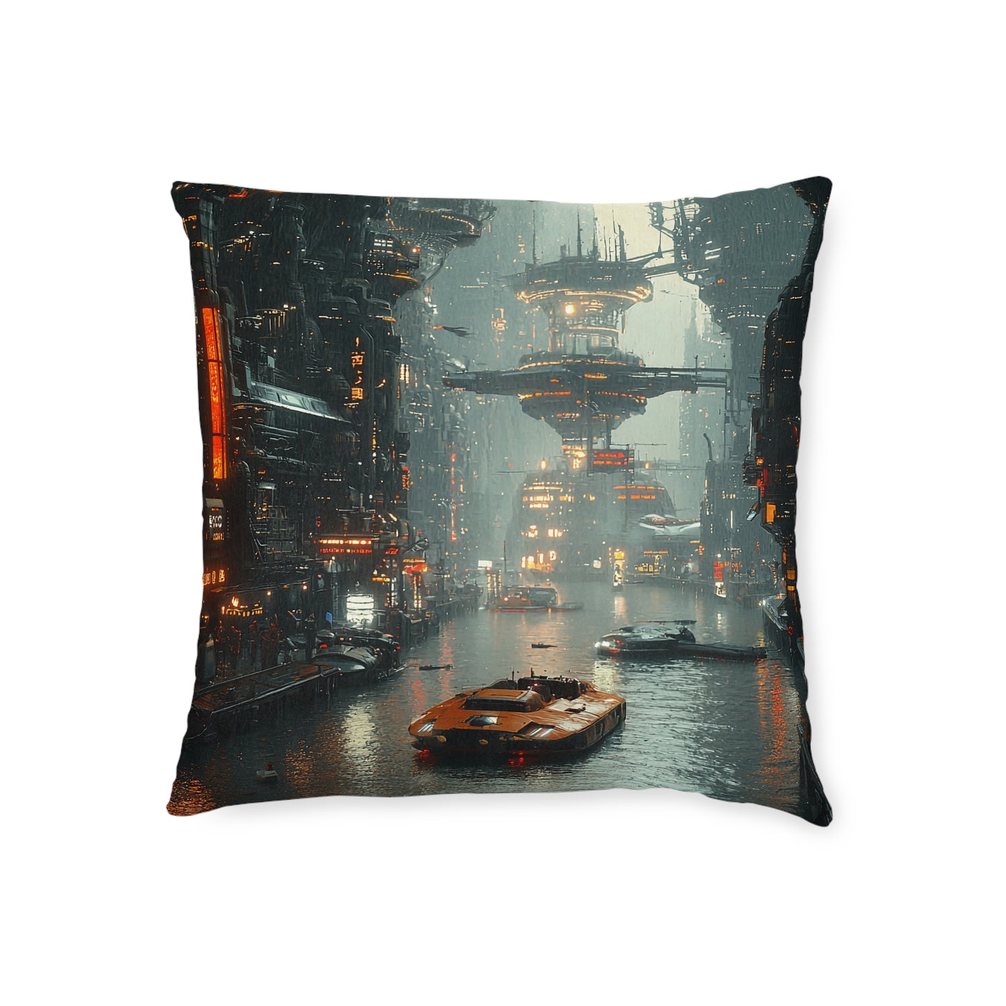 Futuristic Cityscape Square Pillow - Cyberpunk Cityscape Design - UK