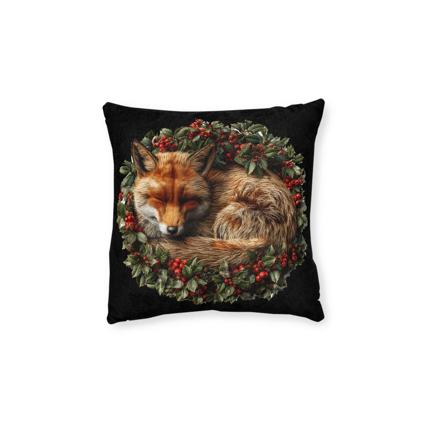 A Christmas Fox Laying in a Holly Wreath
