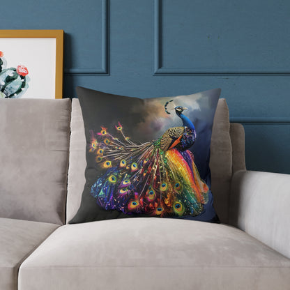 Rainbow Peacock 1 - Square Poly Canvas Pillow - UK