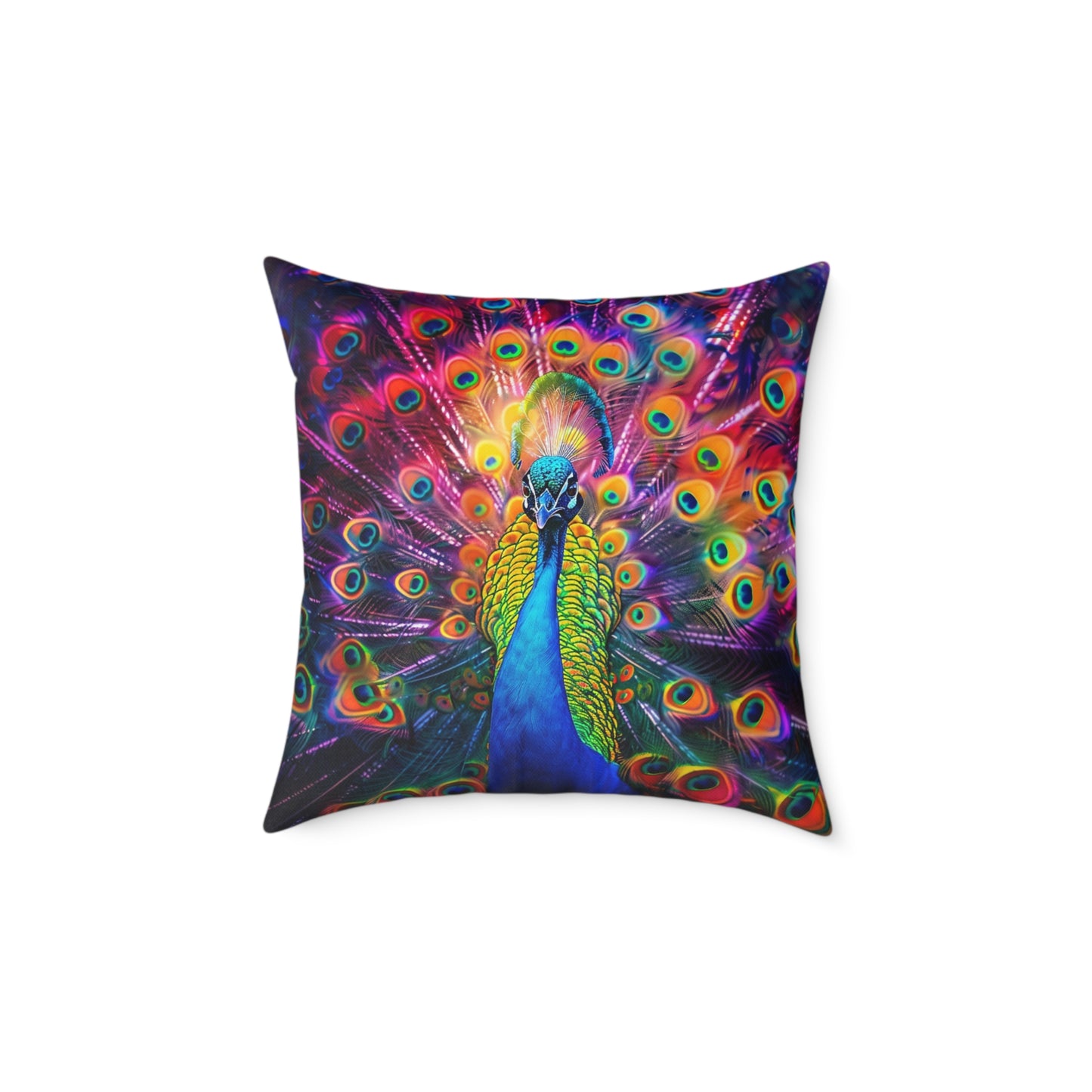 Rainbow Peacock 2 - Square Poly Canvas Pillow - UK