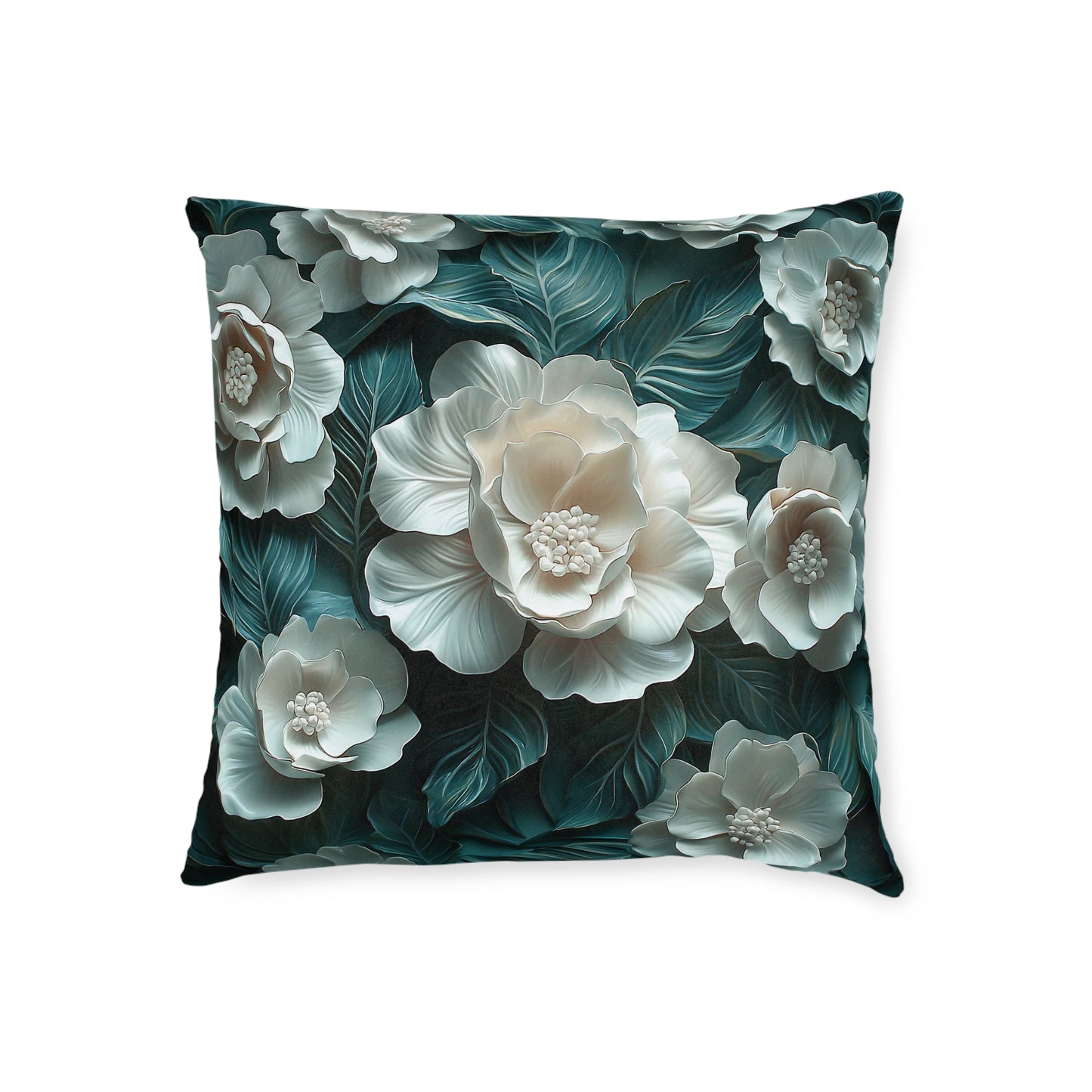 Elegant  White Winter Flower On Dark Teal Leaf - Cushion UK
