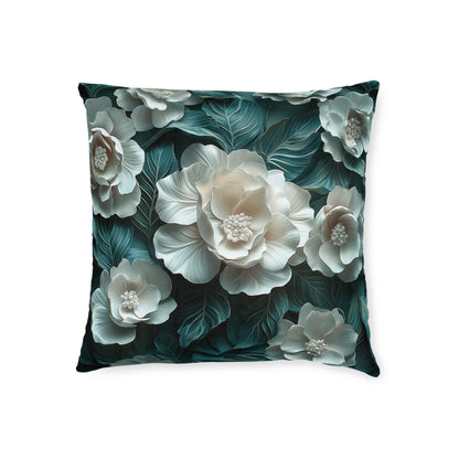 Elegant  White Winter Flower On Dark Teal Leaf - Cushion UK