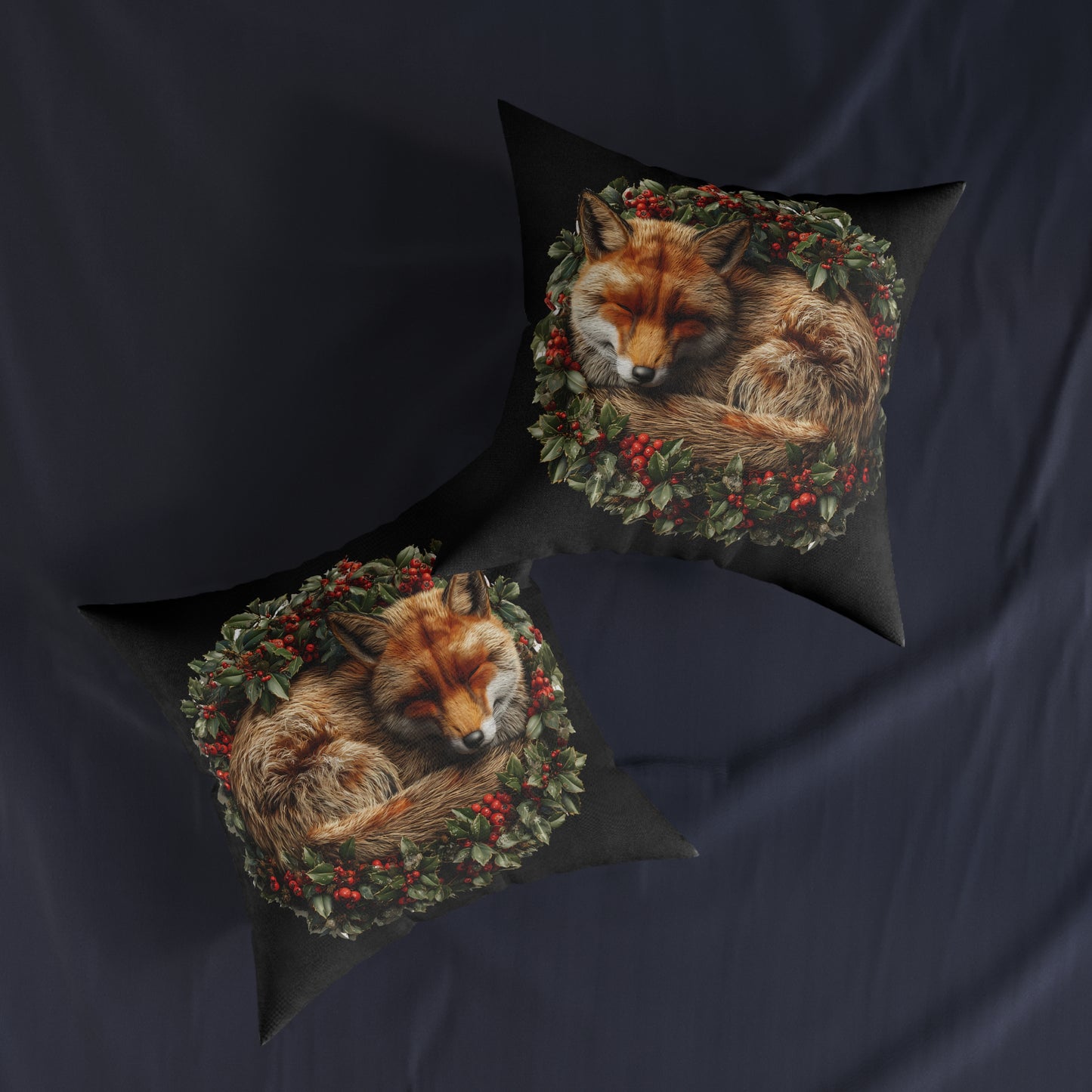 A Christmas Fox Laying in a Holly Wreath