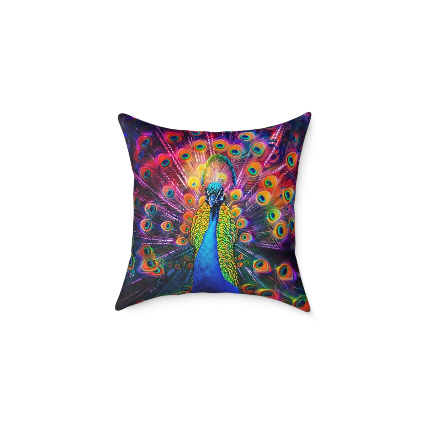 Rainbow Peacock 2 - Square Poly Canvas Pillow - UK